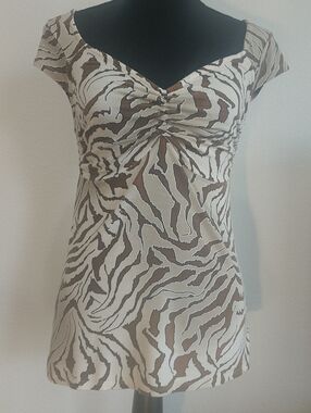 Boston Proper Cream and Brown Zebra-Print Cap-Sleeve Tunic